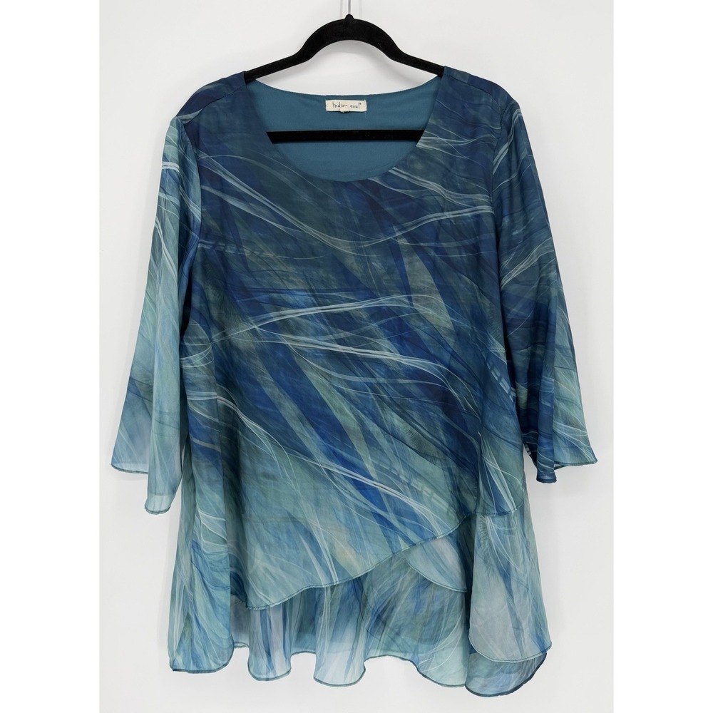 Indigo Soul Blue Chiffon Blouse Women 2XL Flowey Summer Nautical Beachy Feminine